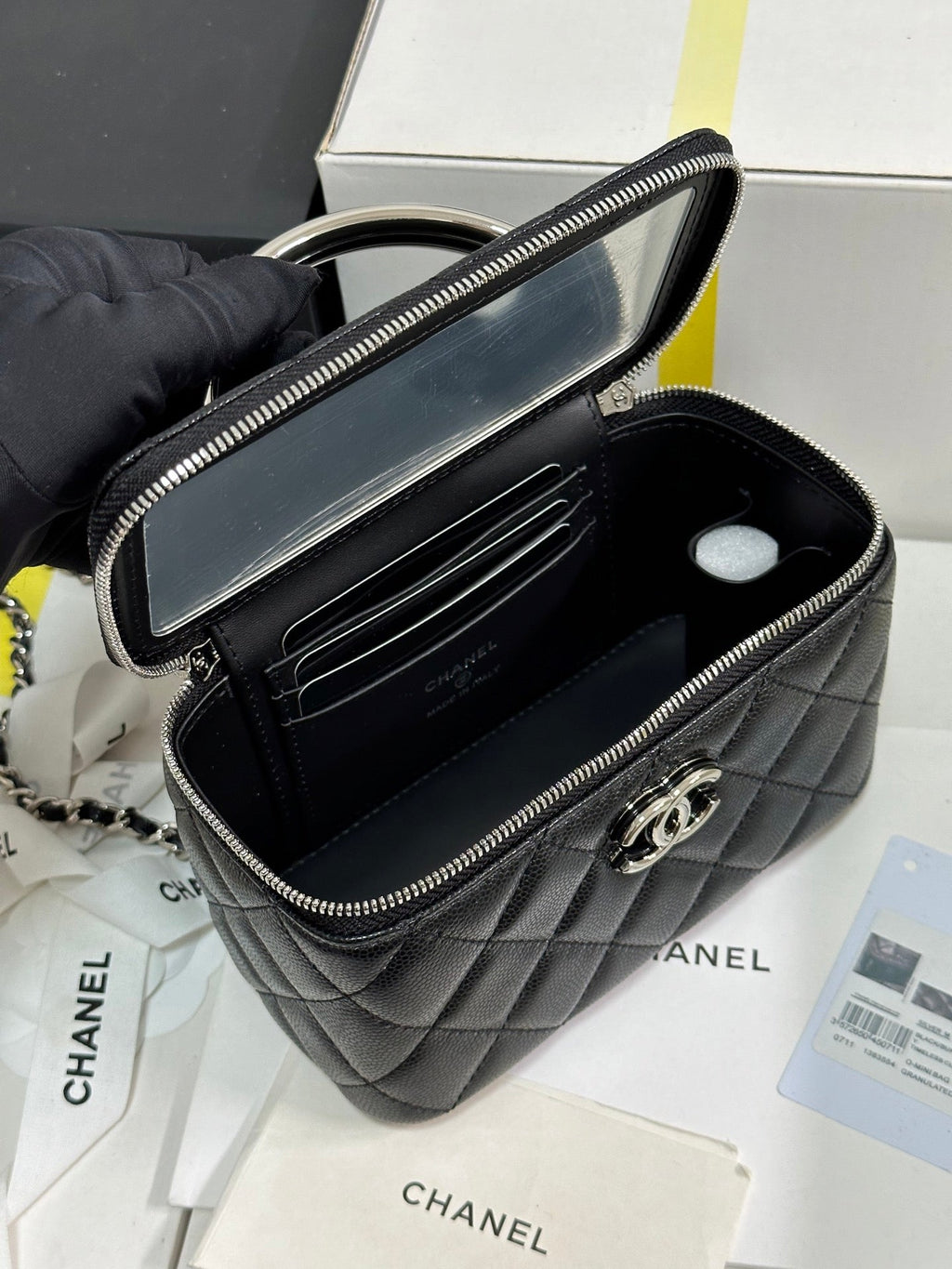 MINI VANITY TOP HANDLE CASE 17 IN BLACK CAVIAR SKIN SILVER-TONE PLATED METAL