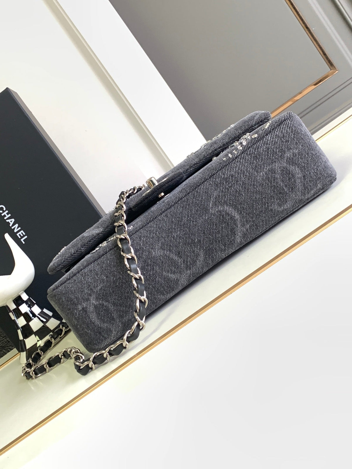 CC 25 FLAP BAG IN BLACK DENIM WITH STRAP