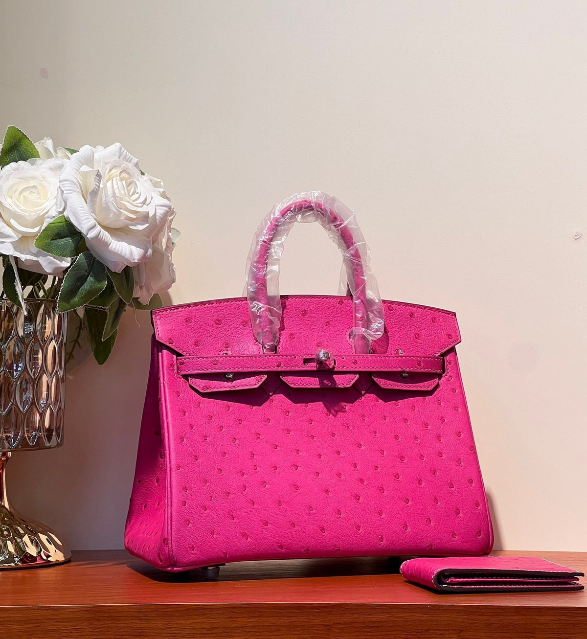 KELLY SELLIER 25 BAG IN BRIGHT PINK OSTRICH LEATHER WITH SILVER HARDWARE