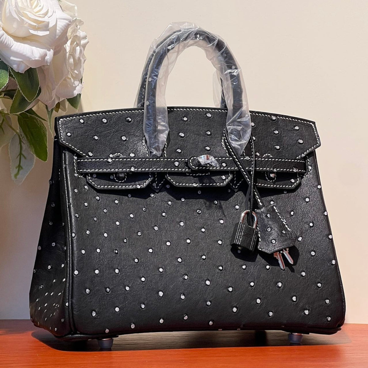 KELLY SELLIER 25 BAG IN BLACK OSTRICH LEATHER WITH WHITE RHINSTONES