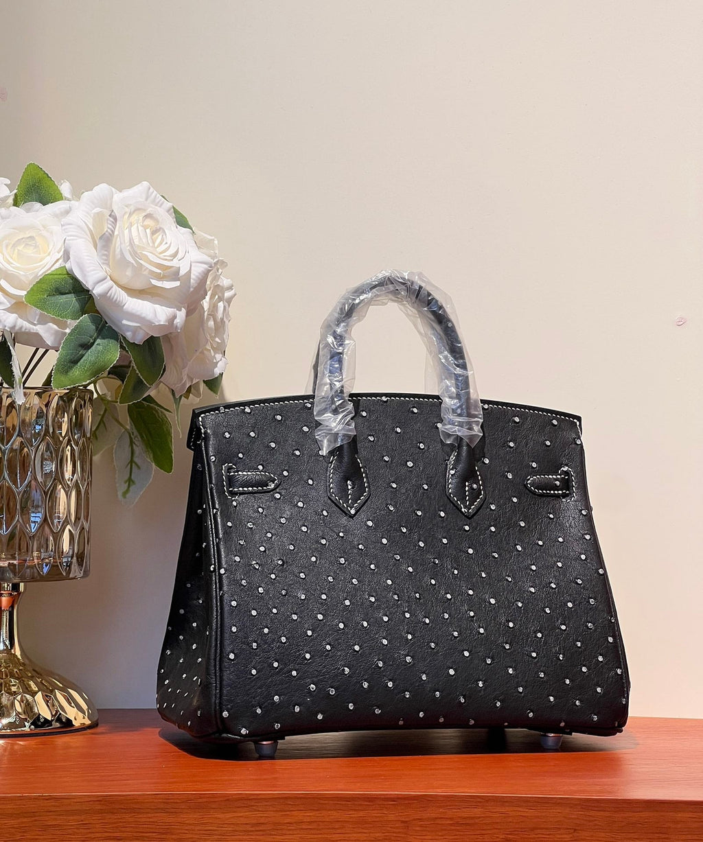 KELLY SELLIER 25 BAG IN BLACK OSTRICH LEATHER WITH WHITE RHINSTONES