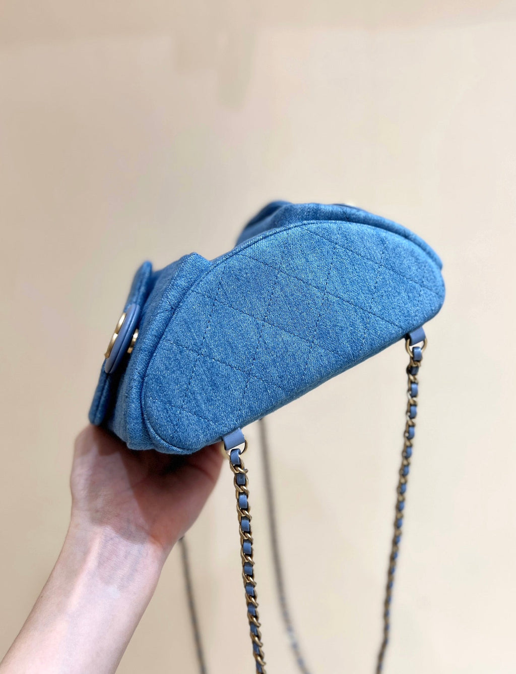 DRAWSTRING BUCKET BACKPACK 24 IN MALIBU BLUE DENIM GOLD HARDWARE